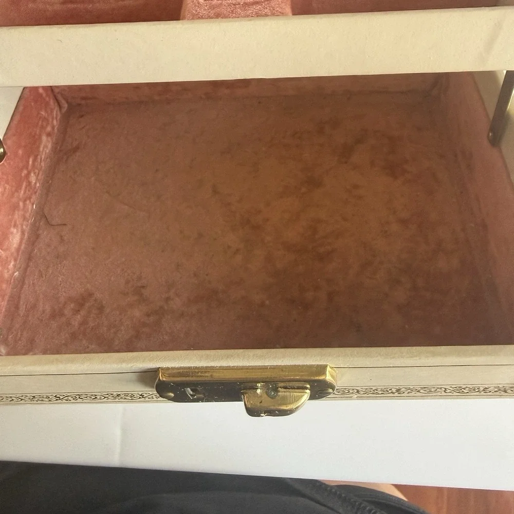 Vintage White Pink Velvet Lined Jewelry Box with Mirror